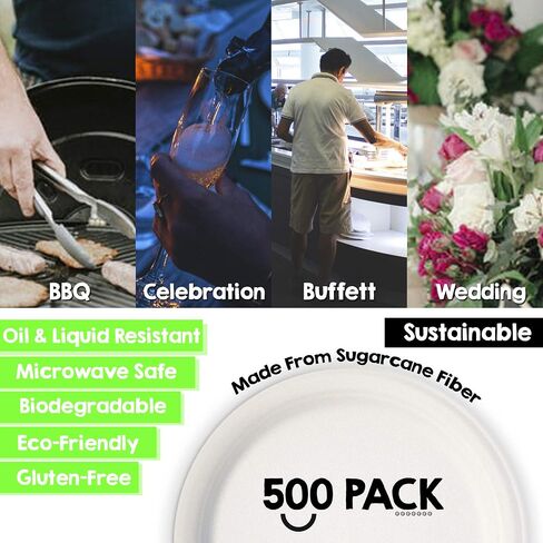 Green Earth, 100% Compostable Paper Plates Natural Bagasse, Sugarcane Fiber, Breakfast Lunch Dinner Biodegradable Recycled Disposable Round Microwave Safe Eco Friendly Heavy-Duty, 9" inches, 50 Pack in Saudi Arabia