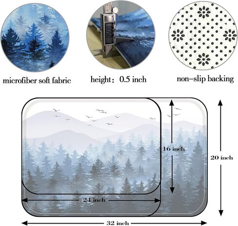 Accnicc Black Misty Forest Small Bathroom Rugs Mat Nature Tree Mountain Bath Rug Water Absorbent Non Slip Shower Mat Memory Foam Bath Mats for Bathroom Decor (Black, 24'' × 16'') in Kuwait