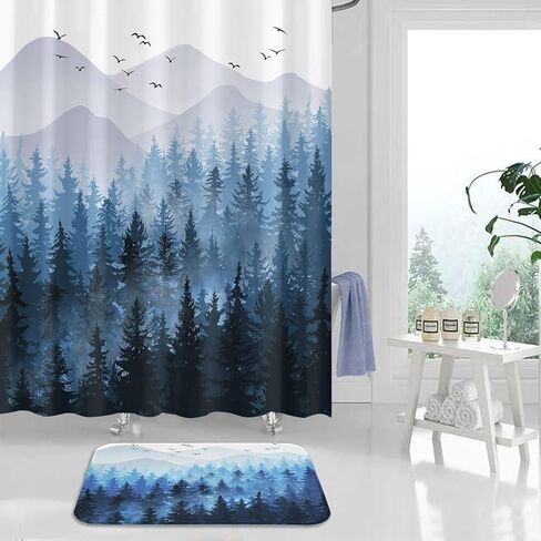 Accnicc Black Misty Forest Small Bathroom Rugs Mat Nature Tree Mountain Bath Rug Water Absorbent Non Slip Shower Mat Memory Foam Bath Mats for Bathroom Decor (Black, 24'' × 16'') in Kuwait