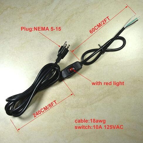 6ft 18 Gauge 3 Prong Heavy Duty Replacement Power Supply Cord Cable with　 Red Indicator Light　Inline Switch, NEMA 5-15 Plug US SJT 18AWG (10A) in Saudi Arabia