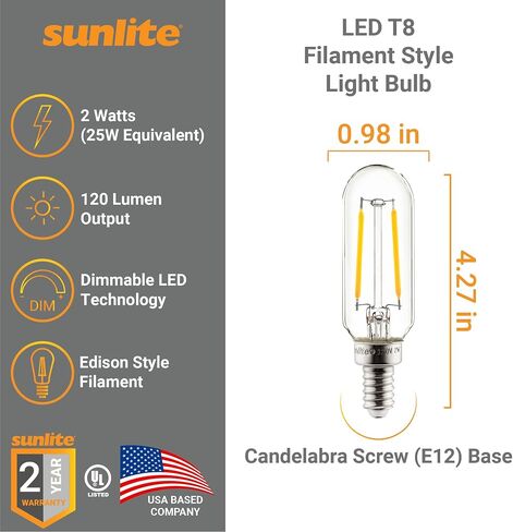 لمبة إضاءة أنبوبية LED بشعيرة T8 من Sunlite، 2 واط (ما يعادل 25 وات)، قاعدة شمعدان E12، قابلة للتعتيم، 85 مم، مدرجة في قائمة UL، 130 لومن، 2700 كلفن أبيض ناعم، 12 قطعة in Saudi Arabia