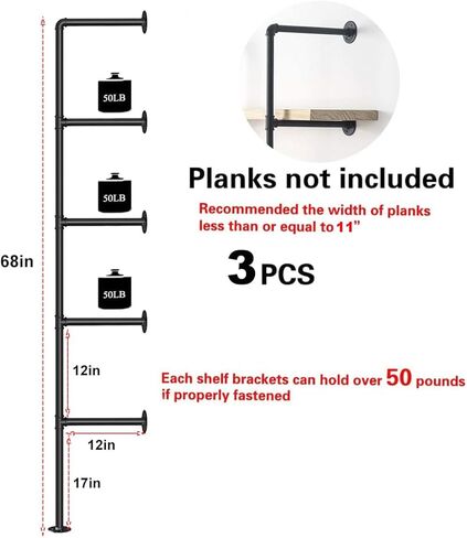 Kaler Industrial Iron Pipe Shelves - Set of 2, 5-Tier Wall-Mounted Bookshelf with Vintage Retro Design and Rustic Farmhouse Appeal Black（68" H） in Kuwait