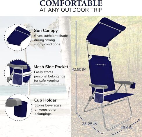 CARIBBEAN JOE Folding Beach Chair, 1 Position High Back Outdoor Camping Chair with Canopy, Lightweight and Portable, Teal in Saudi Arabia