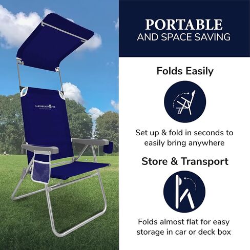 CARIBBEAN JOE Folding Beach Chair, 1 Position High Back Outdoor Camping Chair with Canopy, Lightweight and Portable, Teal in Saudi Arabia