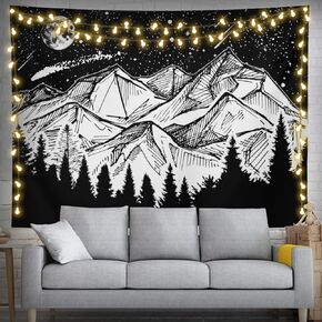 Mountain Moon Tapestry Starry Night Sky Tapestry 60" X 40" Black and White Wall Hanging Party Decoration for Bedroom Living Room Dorm (150 X 100cm) in Kuwait