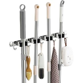Broom Holder Wall Mount, Stainless Steel Mop Hanger Wall Mounted Tool Racks Heavy Duty Utility hooks for Garage Laundry Room Organization and Storage, Grey (4 Racks and 5 Hooks)