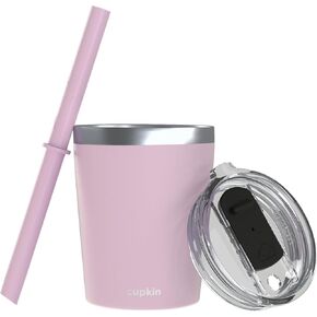 CUPKIN Stackable Stainless Steel Kids Cup Smoothie Tumbler - Powder Coated Insulated Tumblers, BPA Free Lid and Silicone Straw (8 Fl Oz (Pack of 1), Pink)