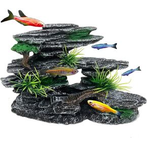 GOLOMOZ Aquarium Mountain View Stone Ornament Tree Rock Cave - Aquarium Decorations Large and Tall Fish Tank Decorations for Large Fish Tank - 13.4 Inches High