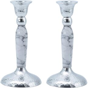Marbleized Candle Holders - Decorative Metal Candlestick Holder - Table, Fireplace and Window Centerpiece - Brown and Silver - Set of 2