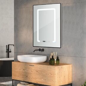 Wenqik LED Mirror Medicine Cabinet, 25 x 33 Inch Bathroom Medicine Cabinet with LED Lights and Mirror, Wall Mounted Mirror Cabinet with Dimmer Defogger Clock Room Temp Display Socket (Three Doors)