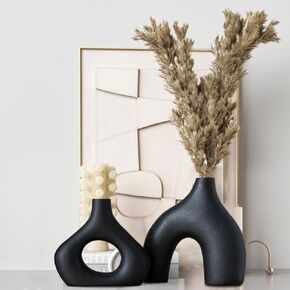Donut Vase, Set of 2 - Minimalist Nordic, Black Ceramic Hollow Donut Vase Decor | Table Centerpiece, Olive Plant, Wedding, Living Room, Bookshelf, Office, Modern Home, Entryway, Console
