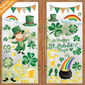 Ivenf St. Patrick's Day Decorations Window Clings Decor, Extra Large Shamrock Top Hat Gold Coins Decal Stickers for Kids School Home Office Accessories Party Supplies Gifts, 6 Sheets 77 pcs