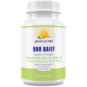 Our Daily Vites L-Methylfolate B Complex Cofactors & Essential Amino Acids (2.5mg) - Active Folate, Methylated B12 Methylcobalamin, B6 and Glycine - 60 Count