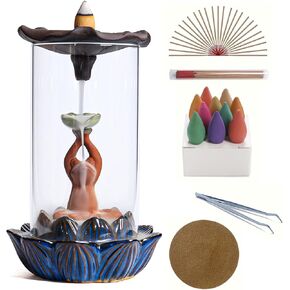 ChangWanna Moon Incense Holder Burner - Frog Ceramic Cone Backflow Incense Burner Smoke Fountain, Back Flowing Incense Diffuser with 45 Sticks & 10 Cones, Frog Ornament for Aromatherapy/Yoga Decor