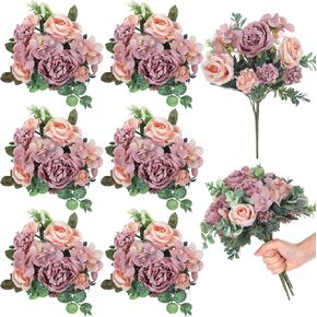 6 Pcs Artificial Peony Silk Florals Fake Mix Silk Peony Rose Faux Flower Hydrangea Bouquet Elegant Realistic Wedding Floral Centerpiece for Home Party Table Arrangement (Champagne with Red)
