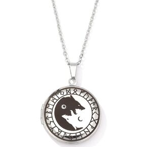 UTHOSMDO Norse Viking Wolf Necklace Locket Necklace That Holds Pictures in Stainless Steel, Celtic Odin Wolf Head Circle Runes Pendant Necklace for Boys Men Girls