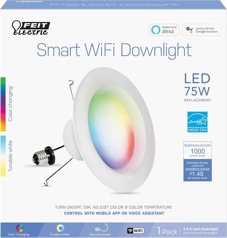 Feit Electric Smart Recessed Light, Fits Most 5-6" Can Housing, Works with Alexa or Google Assistant, Dimmable, 75W Equiv, 1000 Lumens, 2.4GHz WiFi Color Changing Downlight, LEDR6/RGBW/AG, 1 Pack in Saudi Arabia