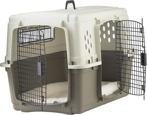 Miller Manufacturing Company Portable Plastic Hard Sided Pet Travel Crate Carrier Kennel w/ Double Doors For Dogs, Rabbits, & Animals, Beige & Taupe in Saudi Arabia
