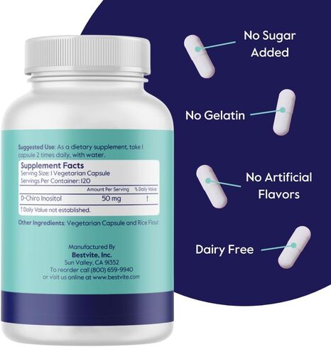 BESTVITE D-Chiro Inositol (120 Vegetarian Capsules) - No Stearates - Vegan - Non GMO - Gluten Free - 1 Capsule for 40:1 Inositol Ratio in Saudi Arabia
