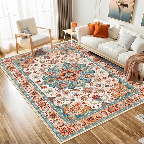Soft Area Rug, 4' x 6' Vintage Living Room Rugs Non Slip Indoor Tribal Printed Machine Washable Carpet with 8 PCS Rug Tape for Laundry Bedroom Dining Dressing Room Hardwood Floor, Red in Saudi Arabia
