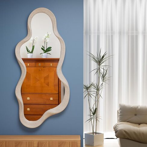 43"x 28" Irregular Wall Mirror, Black Wood Framed Wall Mirror, Asymmetrical Wall Wavy Mirror for Living Room Bedroom Entryway Bathroom Modern Decorative Mirror with Hanging Hooks in Saudi Arabia