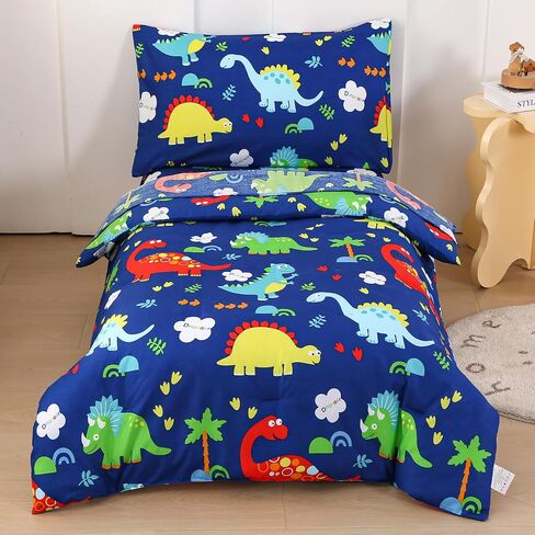 Wowelife Toddler Bedding Sets for Boys, Premium 4 Piece Dinosaur Toddler Comforter Set, Blue Bed-in-a-Bag, Super Soft and Comfortable for Toddler in Saudi Arabia