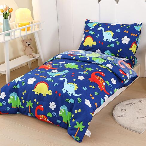 Wowelife Toddler Bedding Sets for Boys, Premium 4 Piece Dinosaur Toddler Comforter Set, Blue Bed-in-a-Bag, Super Soft and Comfortable for Toddler in Saudi Arabia