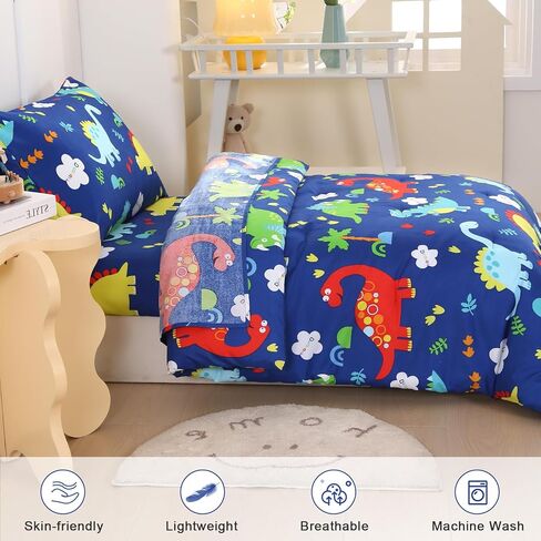 Wowelife Toddler Bedding Sets for Boys, Premium 4 Piece Dinosaur Toddler Comforter Set, Blue Bed-in-a-Bag, Super Soft and Comfortable for Toddler in Saudi Arabia