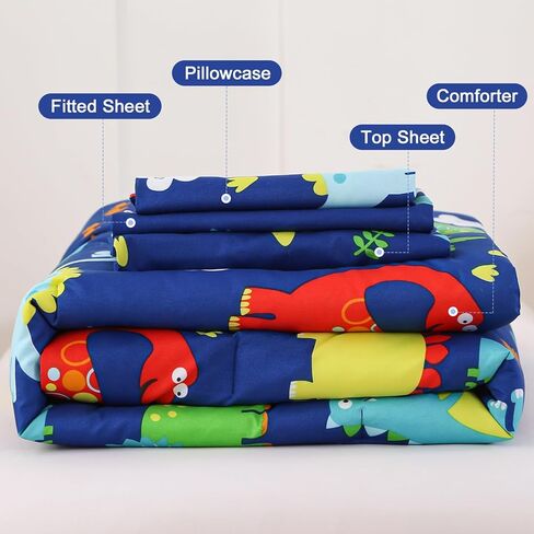 Wowelife Toddler Bedding Sets for Boys, Premium 4 Piece Dinosaur Toddler Comforter Set, Blue Bed-in-a-Bag, Super Soft and Comfortable for Toddler in Saudi Arabia