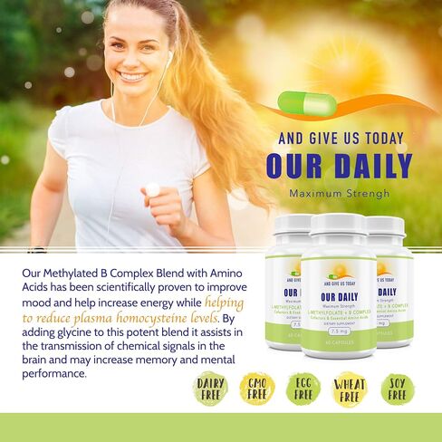 لدينا Daily Vites L-Methylfolate 15 MG B Complex Balance 5 MTHF حمض الفوليك النشط، ميثيل B12، B9، B6، B2 صحة الدماغ والقلب والجنين، غير معدل وراثيًا، 60 عددًا لمدة شهرين in Kuwait