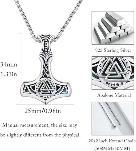 YEESIA Mjolnir Necklace S925 Sterling Silver Vegvisir Thors Hammer Neckalce Viking Norse Nordic Necklaces Gifts for Men Boys in Kuwait