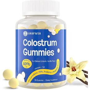 Bovine Colostrum Supplement Gummies - with 60% Highest IgG, Lactoferrin, Probiotics and Prebiotics for Adults and Kids, Vanilla Flavor & Sugar Free, 2 Pack