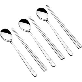 Polished Stainless Steel Spoons and Chopsticks Set, Korean Chopsticks and Spoons tableware with long-hand, Reusable, set of 3-silver