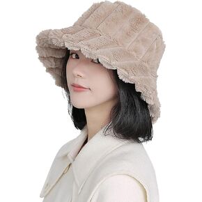 Women Fluffy Bucket Hat Faux Fur Warm Winter Hat Soft Fuzzy Cloche Hat Windproof Outdoor Casual Hat Plush Fisherman Cap