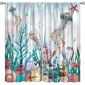 Coastal Window Curtain, Beach Nautical Ocean Starfish Seashell Seahorse Window Treatments for Living Room Bedroom Kitchen, Conch Tropical Beachy Drapes 2 Panel Sets,42x45 Inch