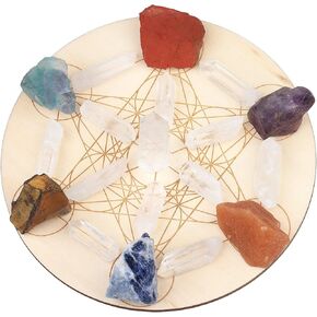 شبكة كريستال هندسية من Nupuyai Metatron مع 7 أحجار شقرا خام ونقاط كريستال صخرية، مجموعة 19 قطعة من أحجار شفاء الطاقة مع لوح ميتاترون خشبي للتأمل والديكور