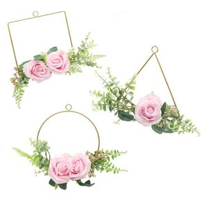 Floral Hoop Wreath Champagne Geometric Wire Round Triangle Square Hoop Frame of Artificial Rose Flower for Wedding Backdrop Wall Decor Geometric Wire Wall Decor Pack of 3