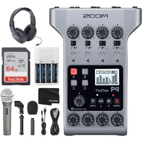 Zoom PodTrak P4 Portable Multitrack Podcast Recorder + Q2U Dynamic Mic Recording & Podcasting Pack + 64GB Memory Card + Stereo Headphones + 4 AA Batteries & White Charger - Podcasting Recording Bundle