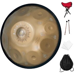 Handpan, 18 inches, 9 notes, 440Hz, G minor, comes with handpan stand, handpan bag, two beaters, and dust cloth.（9-440hz） (Golden Mandala)