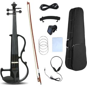 Electric violin 4/4 full size Silent Electric Violin Solid Wood body Ebony Fittings with case,bow, headphone,cable,strings for Students, Beginners and Adults (Black)