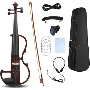Electric violin 4/4 full size Silent Electric Violin Solid Wood body Ebony Fittings with case,bow, headphone,cable,strings for Students, Beginners and Adults (Black)
