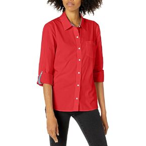 Tommy Hilfiger Women's Button Collared Shirt with Adjustable Sleeves, Cornell Blue Stripe, Medium