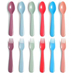 ChaLeeMoo12Pcs Plastic Kids Forks and Spoons Set, Reusable Toddler Utensils Assorted Colors Kids Silverware Set for School Lunch Box Camping Travel, Also for Adult to Use, BPA Free Dishwasher Safe