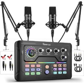 Podcast Equipment Bundle for 2, Audio Mixer with 3.5mm Podcast Microphone, Bluetooth, voice change DJ Mixer for Live Streaming Singing Gaming in Kuwait