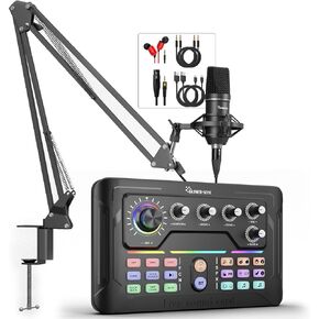 Podcast Equipment Bundle for 2, Audio Mixer with 3.5mm Podcast Microphone, Bluetooth, voice change DJ Mixer for Live Streaming Singing Gaming