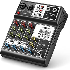 Professional Audio Mixer, Sound Board Console System Interface 4 Channel Digital USB Bluetooth MP3 Computer Input 48V Phantom Power Stereo DJ Studio Streaming FX 16-Bit DSP Processor