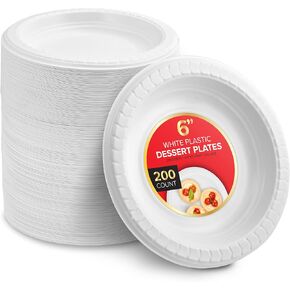 Stock Your Home 400 Count Premium White Plastic Plates, 6 Inch White Disposable Wedding Cake Plates, Heavy Duty Plastic Dessert Plates, Cocktail Appetizer Plates for Christmas Dinner Parties