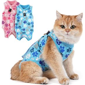Cat Recovery Suit: Pink Cat Surgery Recovery Suit Female w/Paw Print Design - Elastic, Soft & Breathable Cat Recovery Suit for Spay - Washable Cat Surgery Suit for Post-Operative Healing Process.