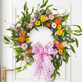 wreathqueen 22 Inch Spring Wreaths for Front Door- Realistic and Durable,Artificial Silk Summer Flower Wreath Handmade Front Door Wreath with Pink Bow and Wildflowers Green Indoor Outdoor Wreath Decor
