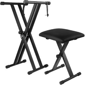 Keyboard Stand Piano Bench Set, Double X Adjustable Keyboard Stand Piano Stand with Lockable Straps, (Piano Keyboard Stand x 1, Piano Bench x 1), (7 Adjustable Heights)